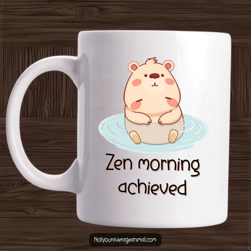 Funny mug featuring a content capybara character blissfully relaxing in serene water, radiating peace and happiness.