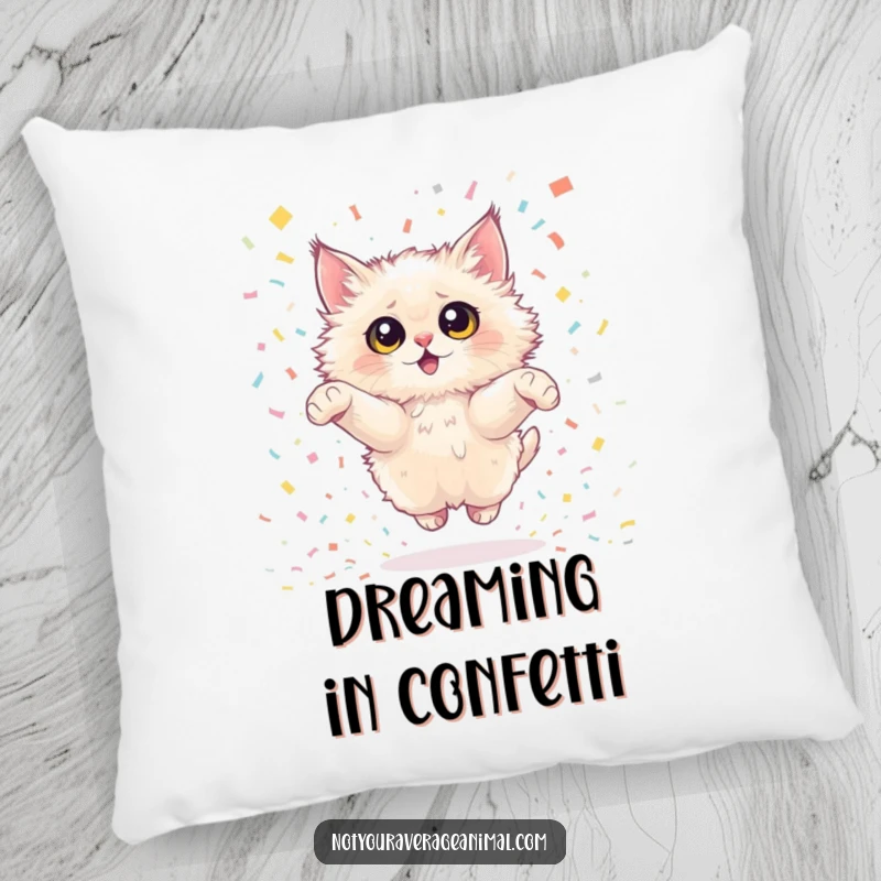 Funny fluffy cat pillow showing a cat with giant eyes joyfully leaping through a confetti shower, adding comfort and humor. Home decor accent.