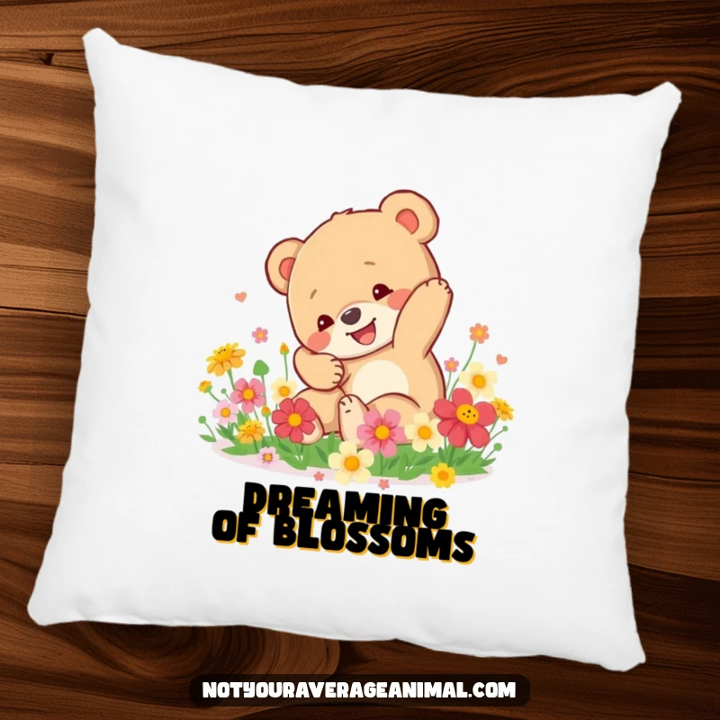 Funny Bear Cub Pillow: A happy bear cub tumbles in bright flowers, offering comfort and a delightful visual of pure bliss.