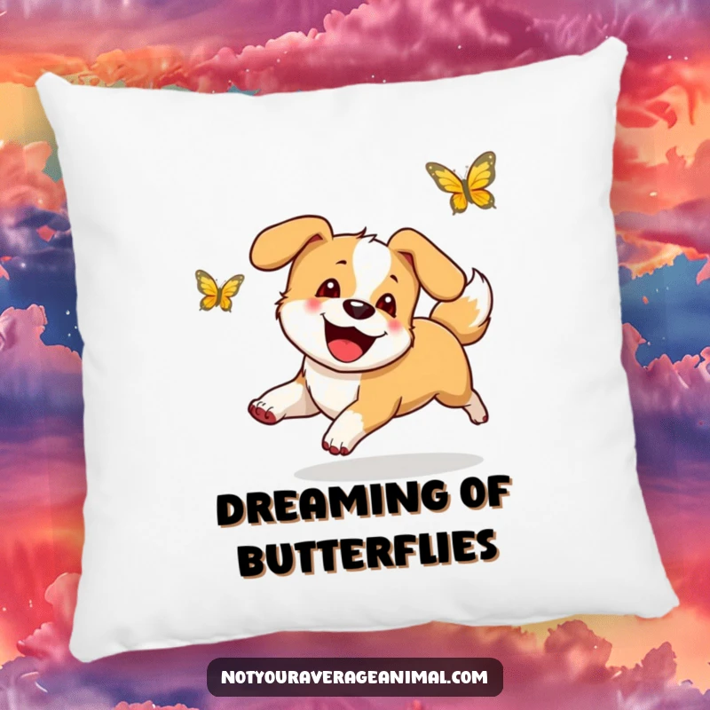 Funny pillow featuring a happy dog with a wagging tail, joyfully chasing a butterfly, creating a scene of pure canine delight.