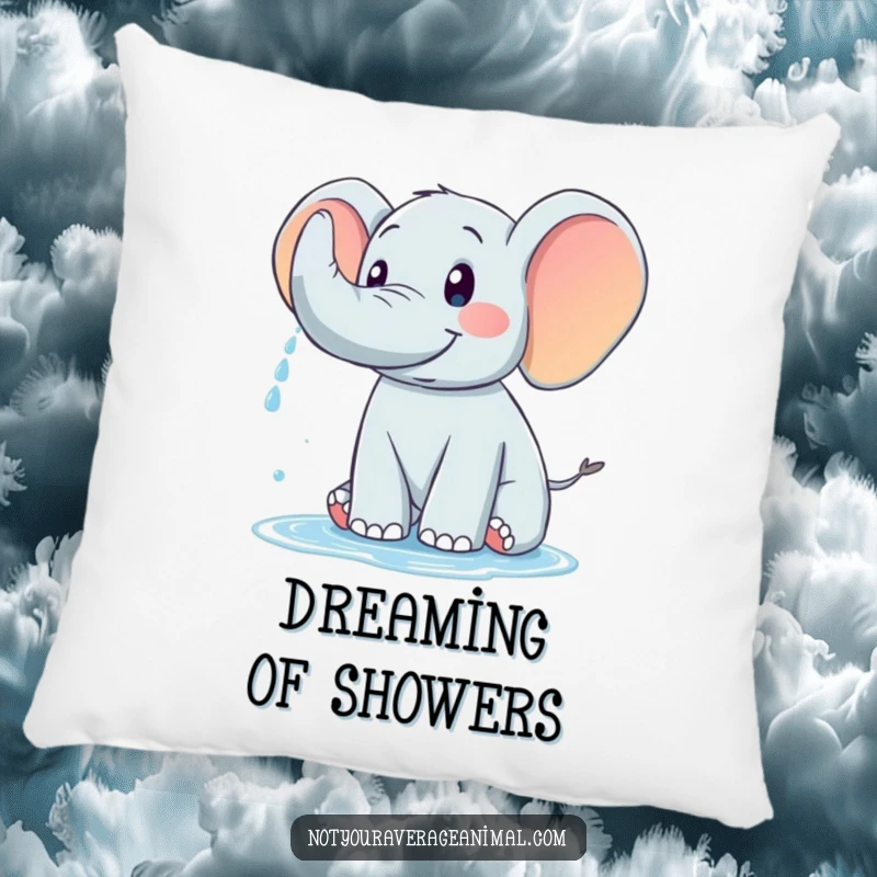 Funny pillow featuring a friendly elephant spraying water with its trunk, symbolizing refreshment and joy.