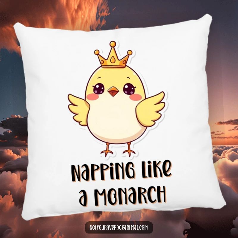 Funny cheerful bird wearing a tiny crown, perfect for a soft and decorative pillow.