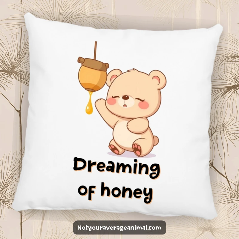 Funny decorative pillow featuring a sleepy bear cub with wide, hopeful eyes, reaching for a dangling honeypot, offering plush comfort.