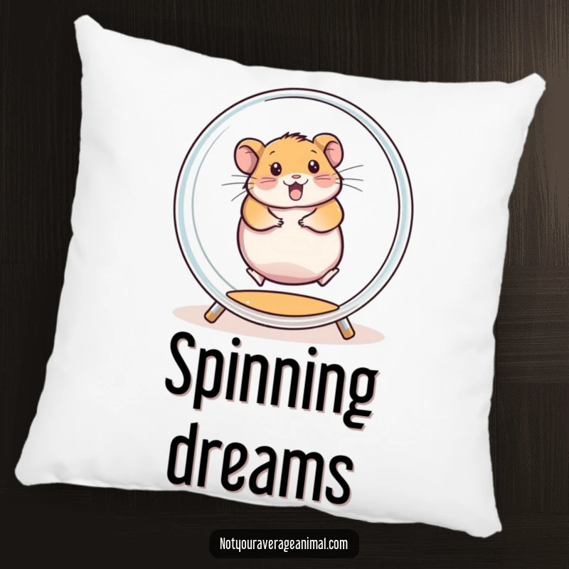 Funny decorative pillow featuring a chubby hamster spinning enthusiastically inside a transparent exercise wheel, offering plush comfort.
