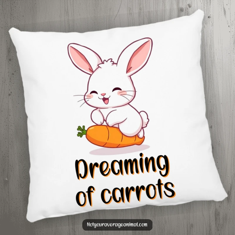Funny decorative pillow featuring a fluffy rabbit with big ears, joyfully leaping over a funny, bouncing carrot, offering plush comfort.