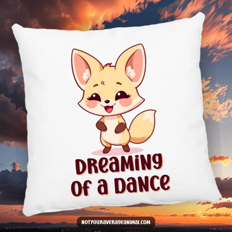 Funny fennec fox pillow with a smiling, dancing character and oversized ears, adding playful comfort to any room.