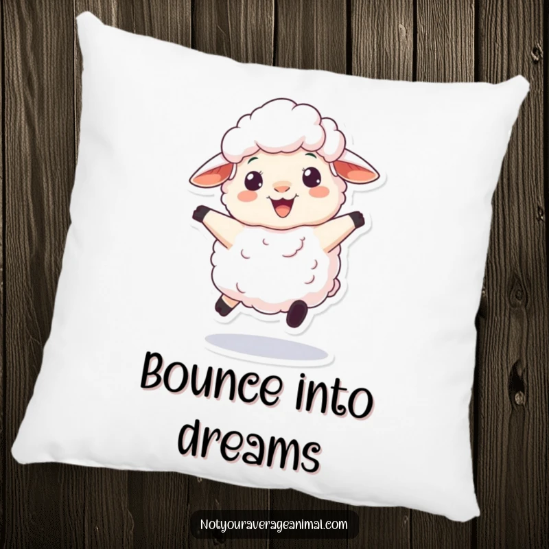 Funny decorative pillow with a fluffy sheep character playfully bouncing with a wide, woolly grin, offering comfort and a touch of sheepish humor.