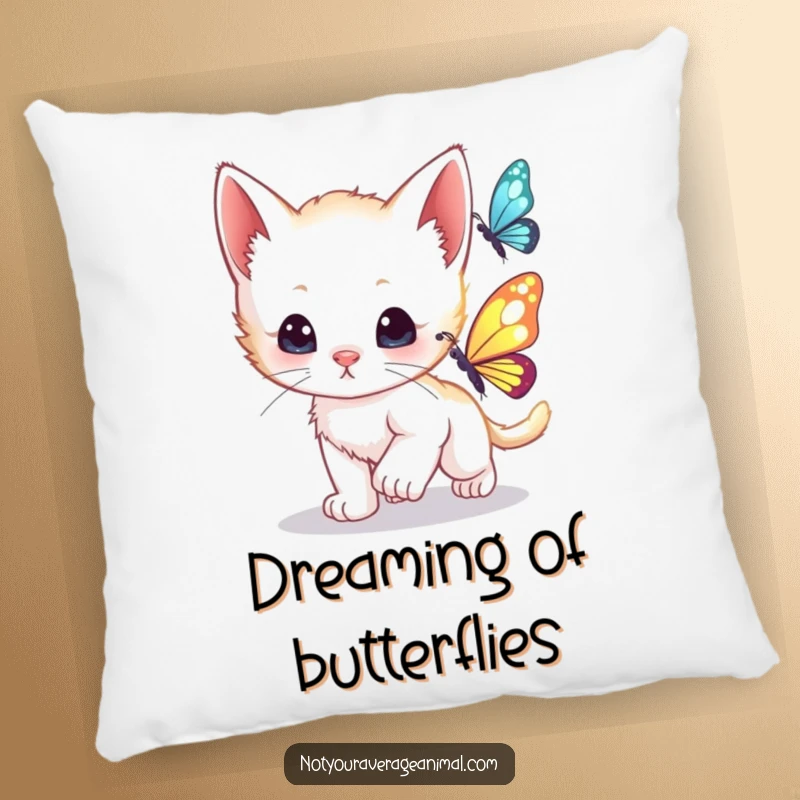 Funny curious kitten playfully chasing a shimmering butterfly, perfect for a soft and decorative pillow.