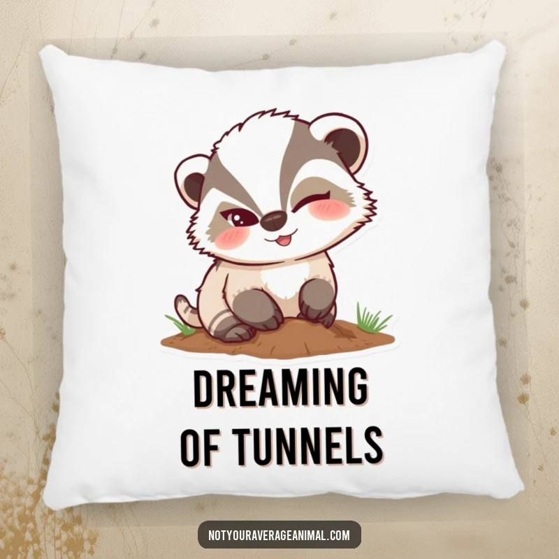 Funny mischievous badger pillow showing a character winking while digging, adding comfort and sly humor.