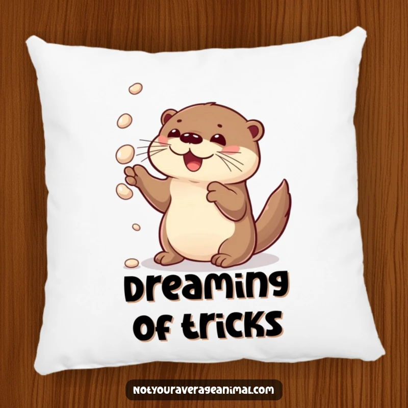 Funny pillow featuring a curious otter delightedly juggling shiny pebbles, adding a whimsical touch.