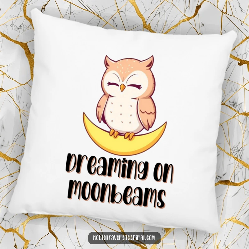 Funny Owl Moon Pillow: A contented owl blinks slowly, perched on a crescent moon, perfect for cozying up.