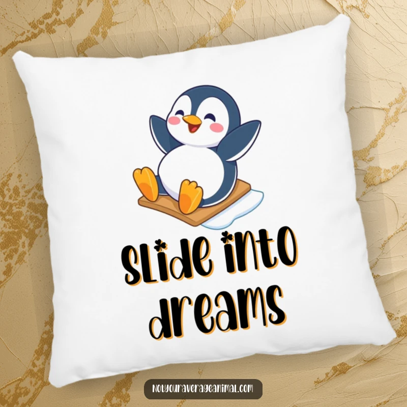 Funny pillow with a happy penguin character sliding down an icy slope with joy, offering cozy comfort and winter-themed charm.
