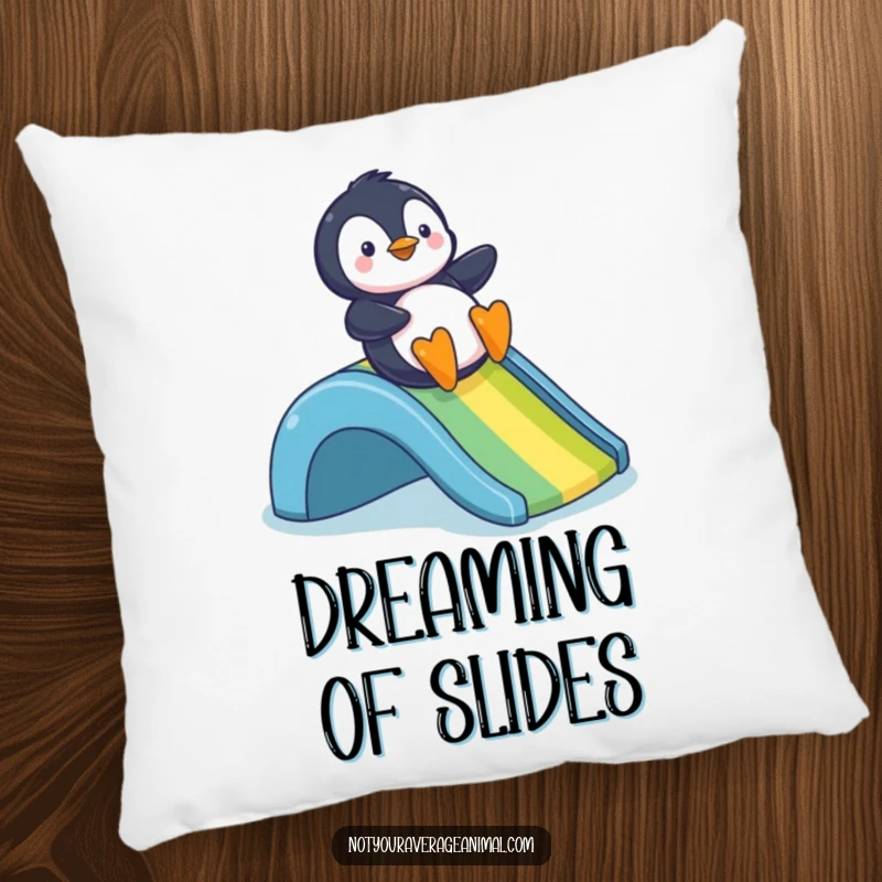 Funny pillow showcasing a cheerful penguin joyfully sliding down a colorful rainbow, adding a touch of whimsy.