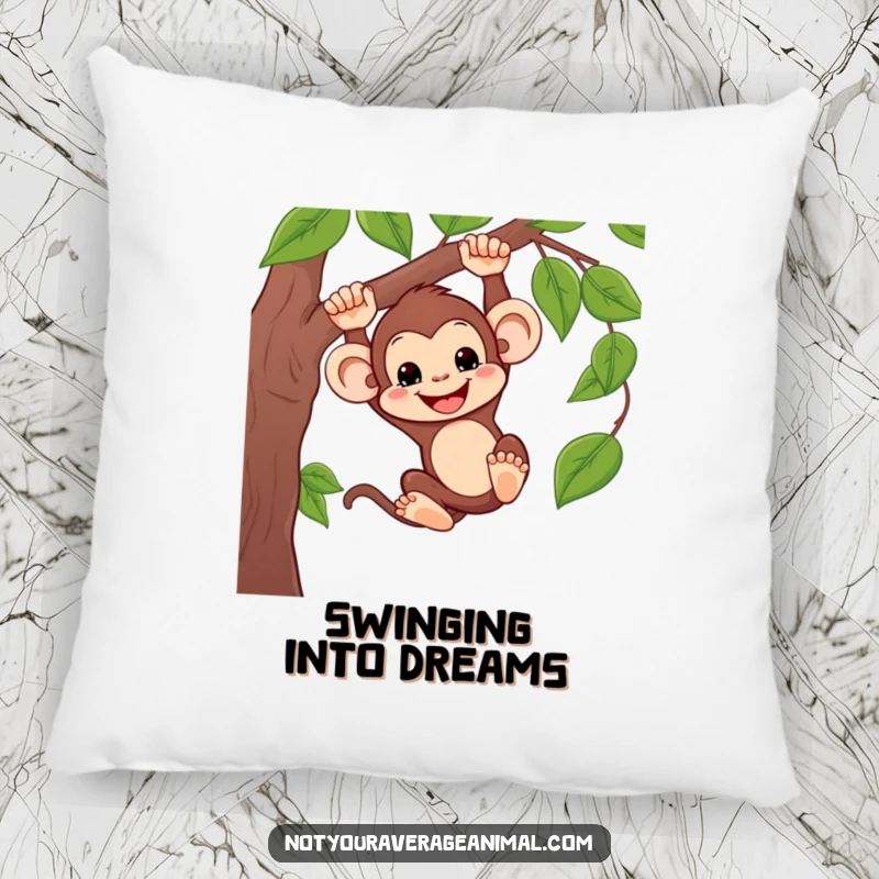 Funny pillow with a silly monkey swinging on a vine, perfect for adding a humorous and playful touch to any seating area.