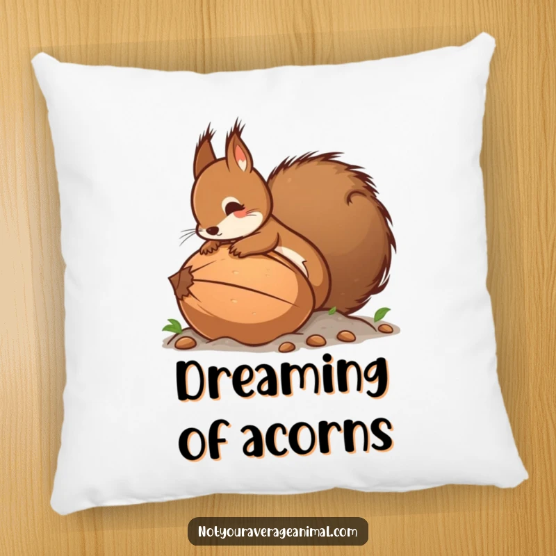 Funny pillow showcasing a small squirrel with a fluffy tail struggling to bury an enormous nut, a soft and humorous home decoration.