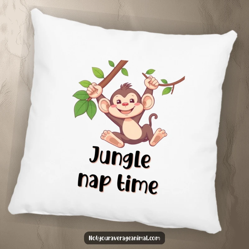 Funny monkey pillow showing a silly monkey with a big grin, playfully swinging from a vine.