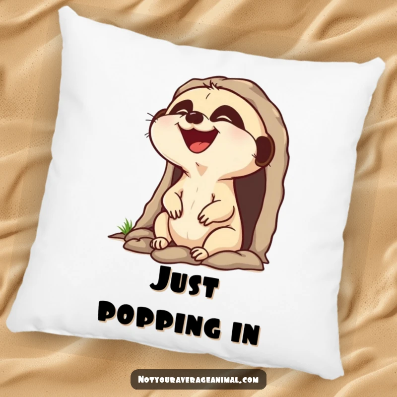 Funny laughing meerkat pillow showing a character popping head out of burrow laughing, adding comfort and joy.