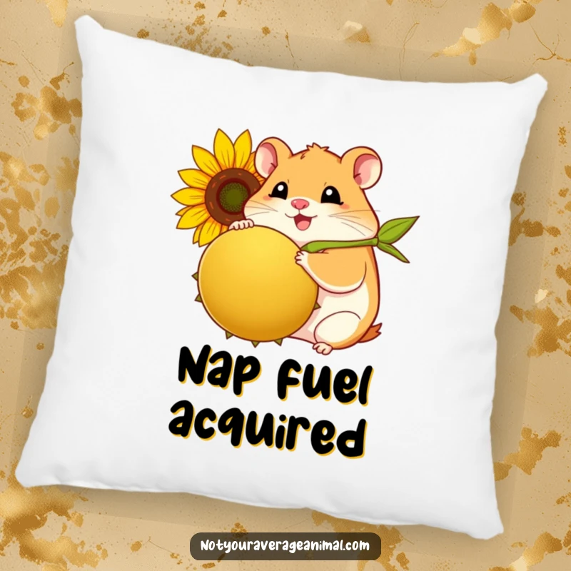 Funny hamster pillow with a plump, smiling hamster joyfully holding a giant sunflower seed.