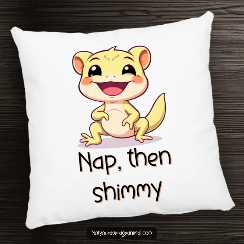 Funny Gecko Pillow featuring a smiling gecko character doing a happy little shimmy, offering comfort and a dash of humor.
