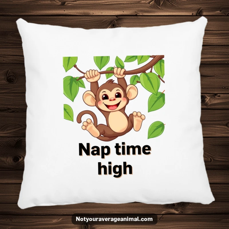 Funny pillow featuring a mischievous monkey swinging from a vine, wearing a wide, cheeky grin.