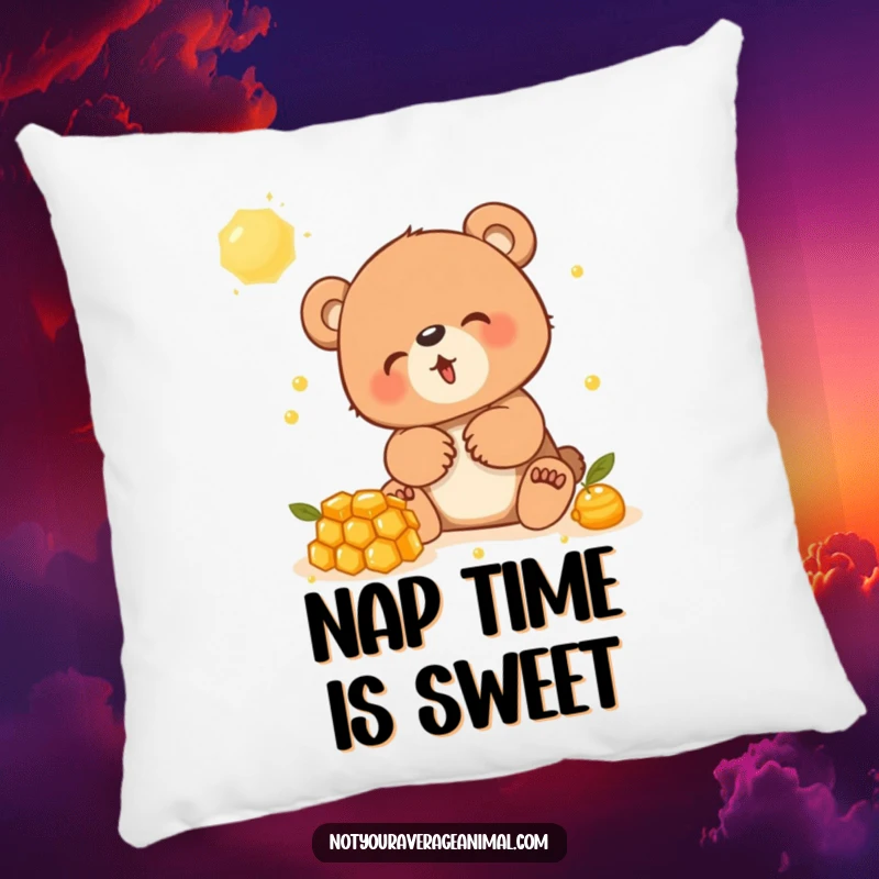 Funny pillow with a bear cub caught in a fit of giggles while interacting with a sweet honeycomb, adorable.