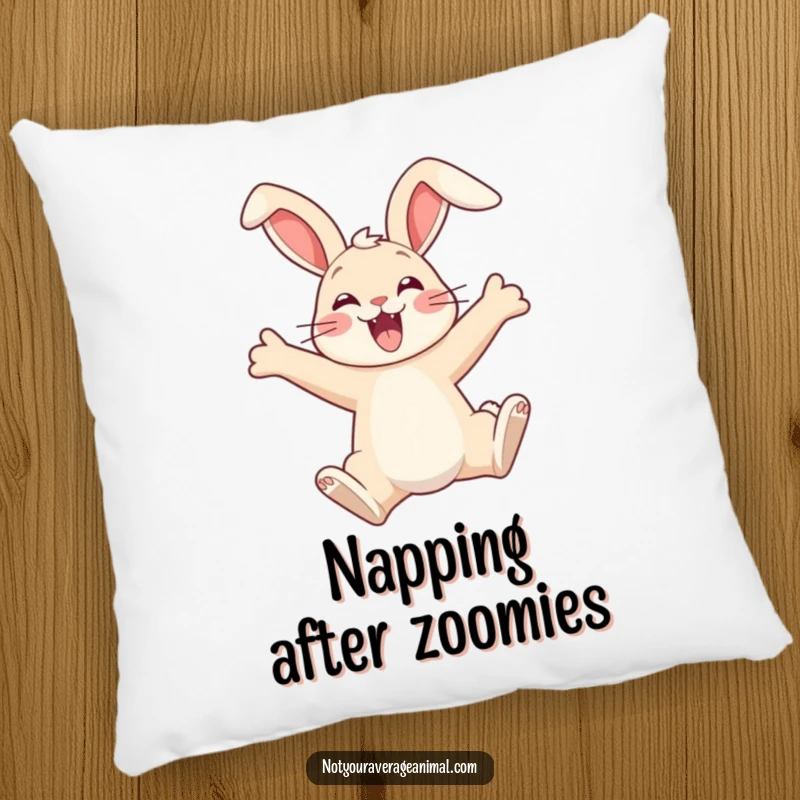 Funny decorative pillow featuring an exuberant bunny mid-air, ears flopped amusingly, bringing soft comfort and cheerful vibes.