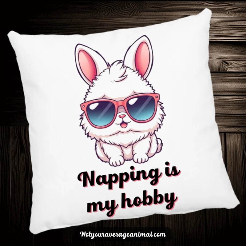 Funny bunny pillow with a fluffy rabbit wearing oversized sunglasses, offering soft comfort and a humorous, cool visual element.
