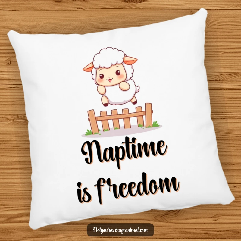 Funny pillow with a fluffy sheep character playfully leaping over a small fence, offering cozy comfort and farm-themed charm.