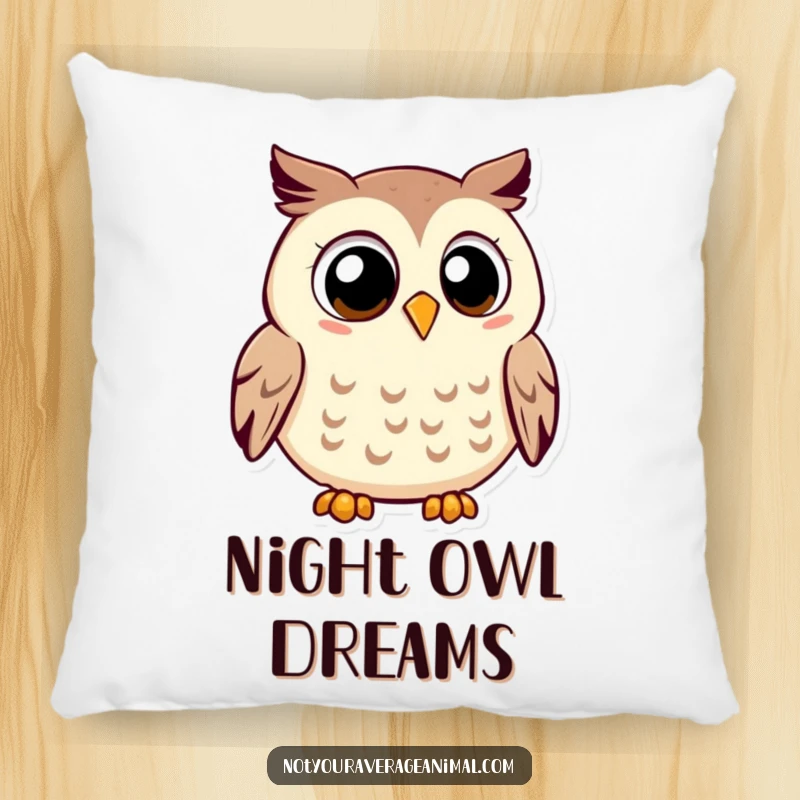 Funny owl pillow featuring a smiling owl with large eyes, contentedly hooting, perfect for hugs.
