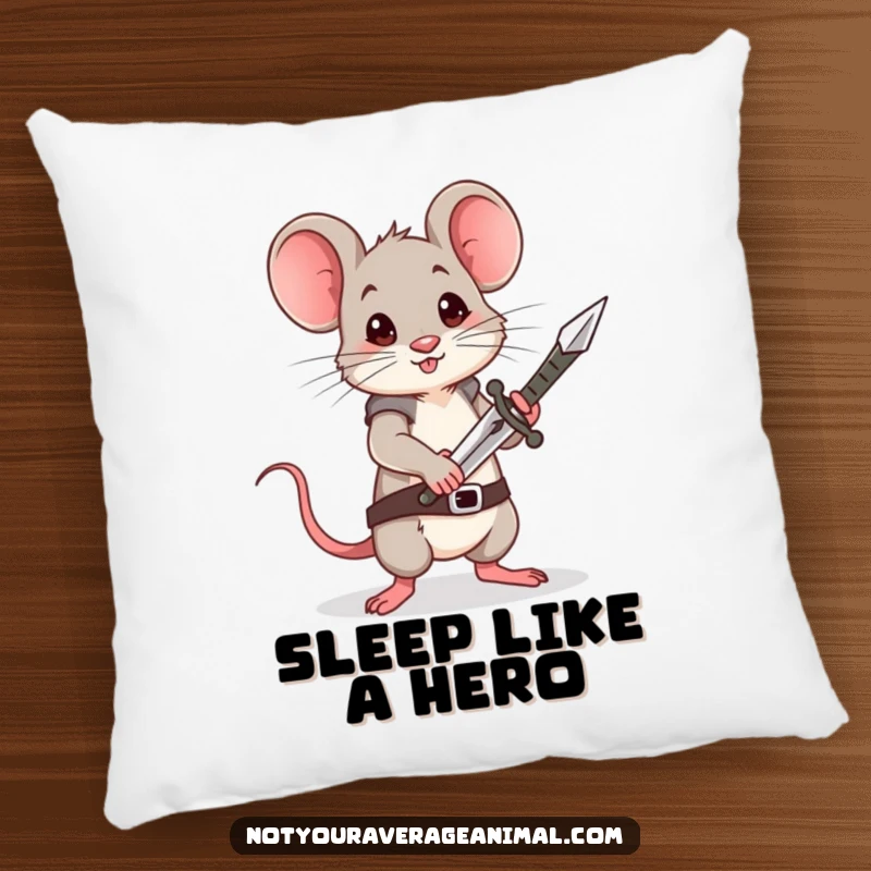 Funny Mouse Pillow: A brave little mouse stands tall, holding a minuscule sword, offering comfort and a heroic presence.