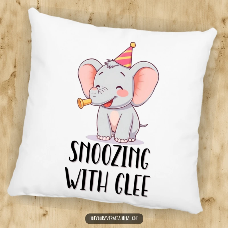Funny pillow featuring a jubilant elephant blowing a party horn, adding a festive touch to any room.