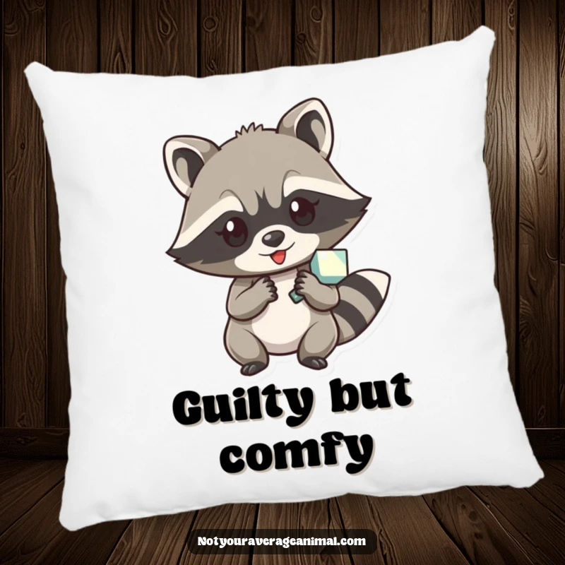Funny pillow featuring a cute raccoon character clutching a shiny object, perfect for adding a touch of cozy mischief.
