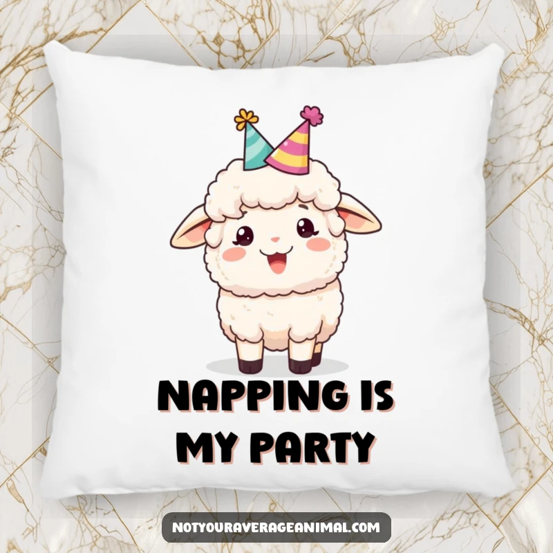Funny sheep pillow featuring a fluffy sheep wearing a party hat and bleating joyfully, embodying festive comfort and cheerful decor.