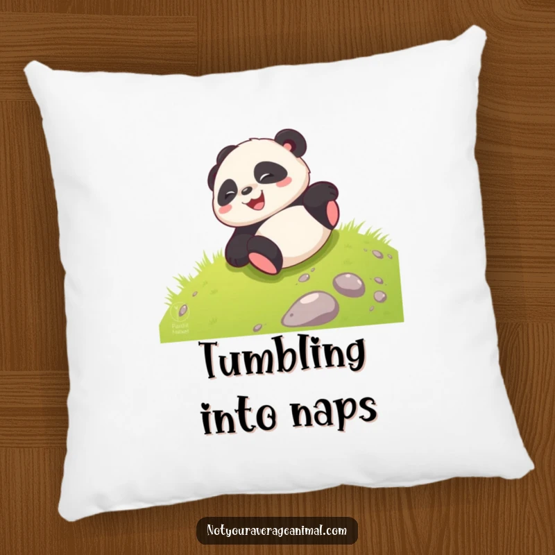 Funny giggling panda cub joyfully rolling down a grassy hill, perfect for a soft and decorative pillow.