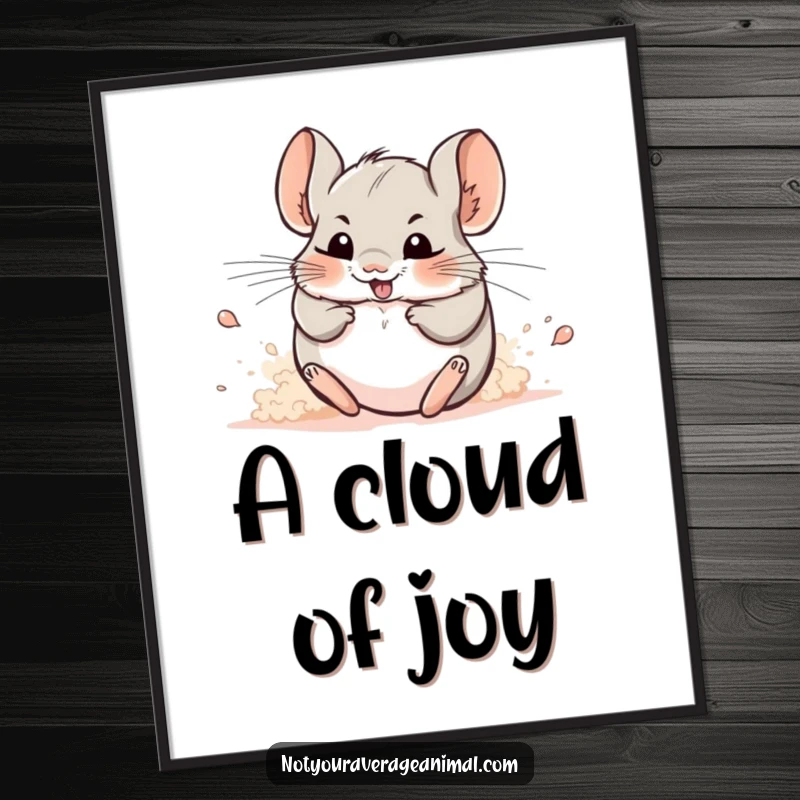 Funny digital art print: A cheerful chinchilla rolls joyfully in a cloud of fine dust.