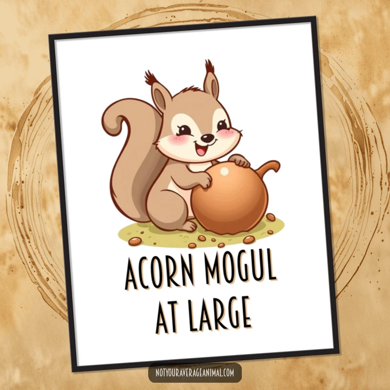 Funny digital art print of a gleeful squirrel burying an oversized acorn, perfect for instant download and adding comedic flair to any digital display.