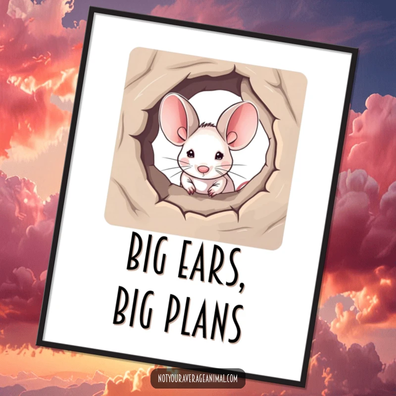 Funny digital art print of a small mouse with oversized ears peeking from a hole, a charming and humorous wall art choice.