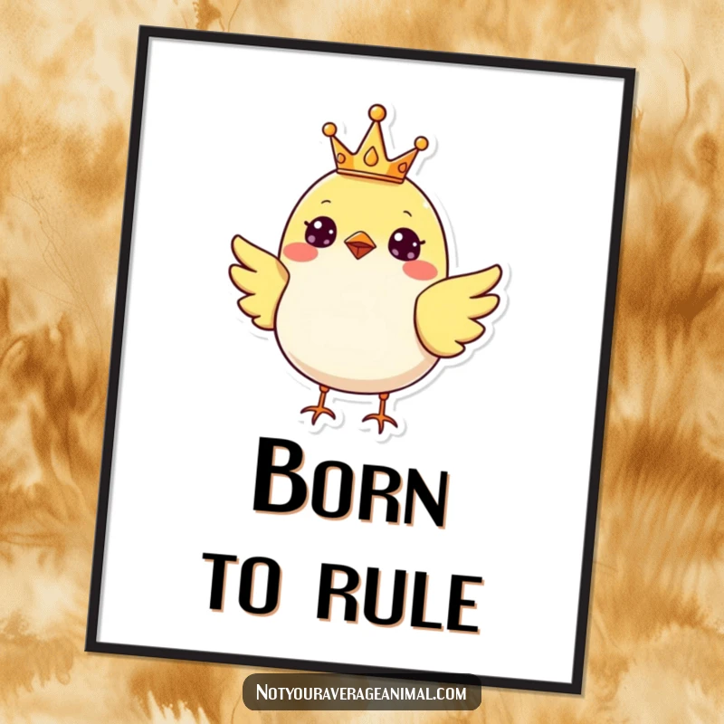 Funny cheerful bird wearing a tiny crown, creating a regal and charming digital art print.