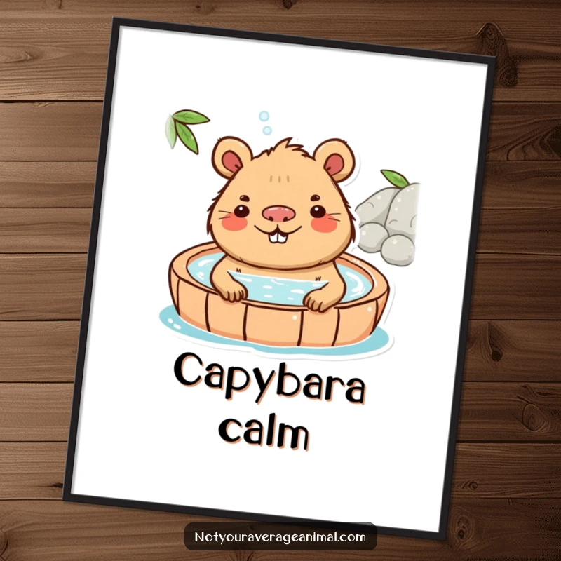 Funny Capybara Digital Art Print of a playful capybara character blissfully enjoying a hot spring with a happy smile.