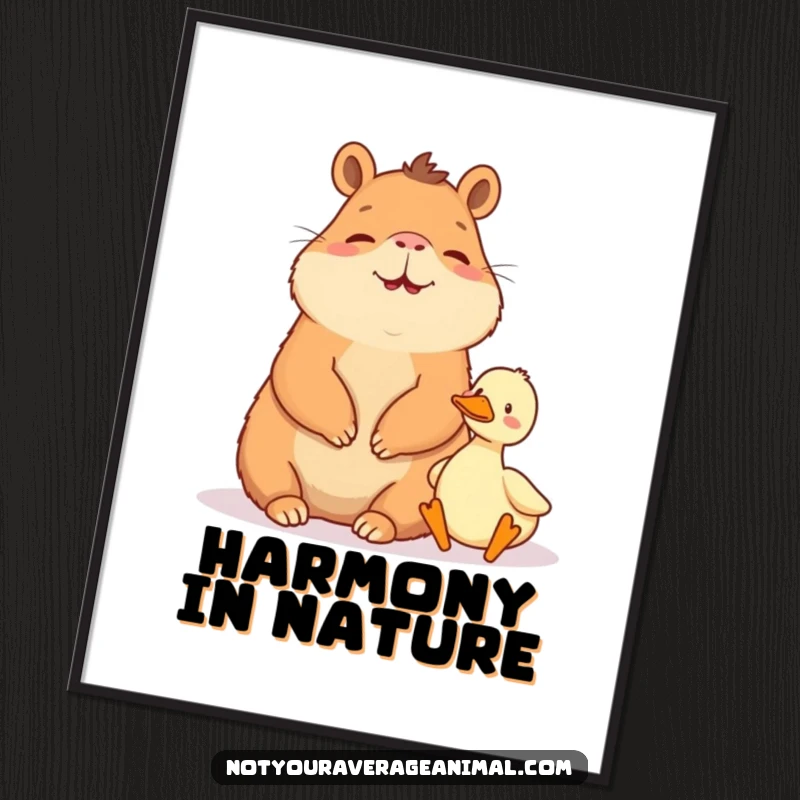 Funny digital art print: A giggling capybara sits peacefully next to a tiny duck.