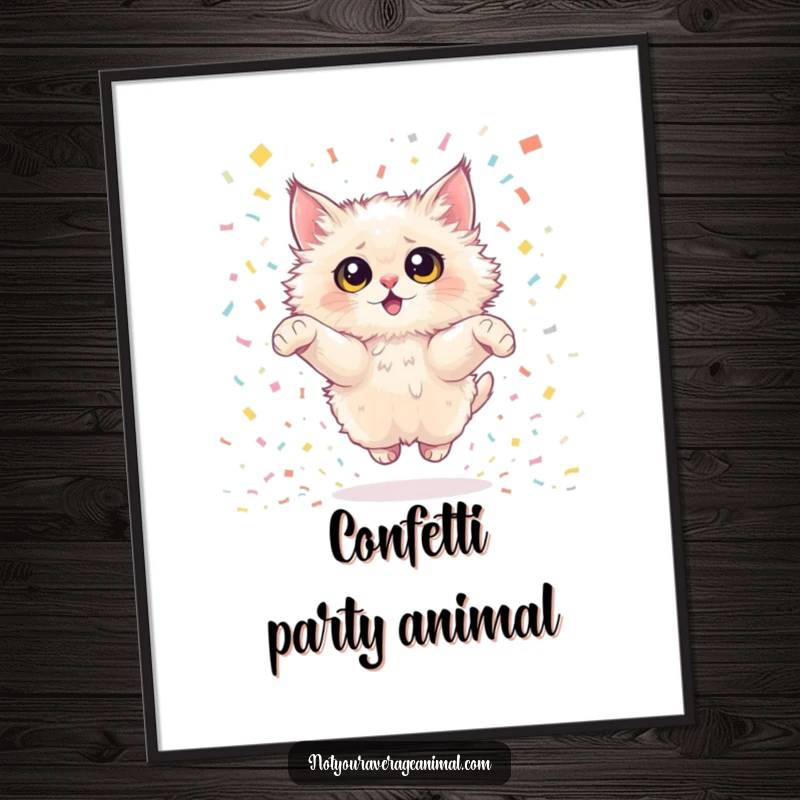 Funny fluffy cat digital art print featuring a cat with oversized eyes in a joyful confetti leap. Instant download art for festive vibes.