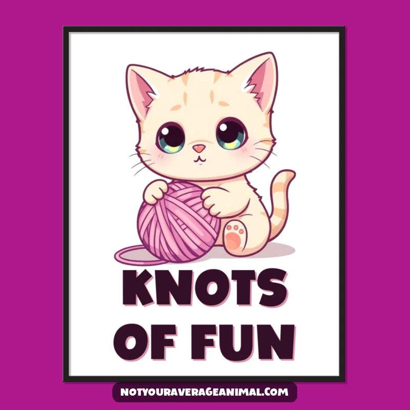 Funny Cute Cat Yarn Ball Digital Art - Instant Funny Wall Decor