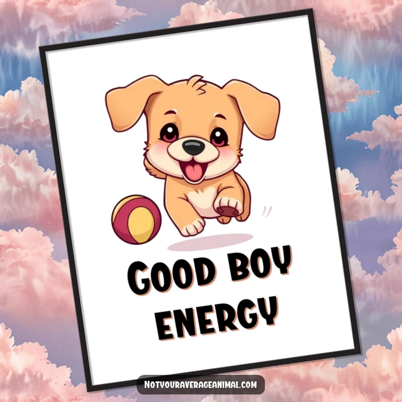 Funny Digital Art Print of a playful dog with floppy ears, hilariously chasing a bouncing ball, capturing pure energetic joy.