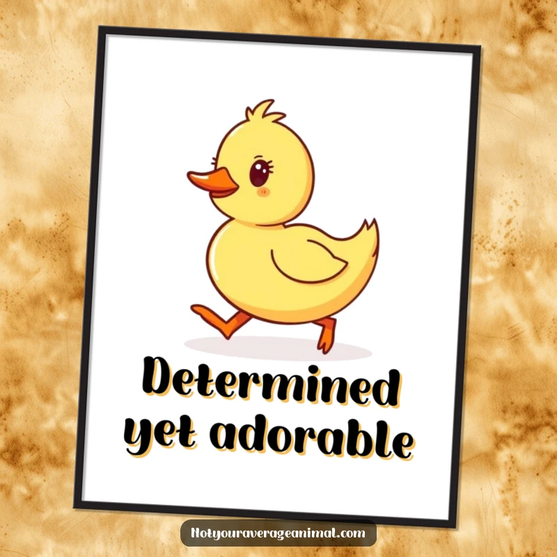 Funny Duckling Digital Art Print of a yellow duckling waddling with determined, happy steps, symbolizing cheerful perseverance.