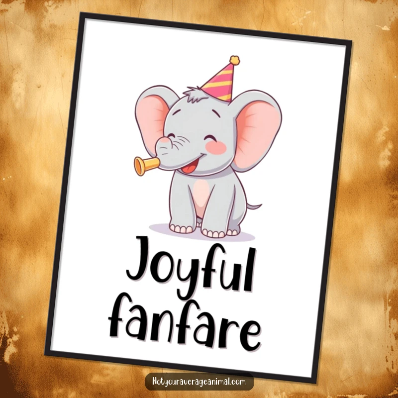 Funny digital art print of a jubilant elephant blowing a party horn, radiating pure festive delight.