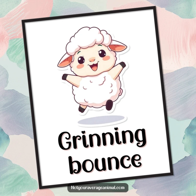 Funny digital art print of a fluffy sheep character playfully bouncing with a woolly grin, ready for instant cheerful display.