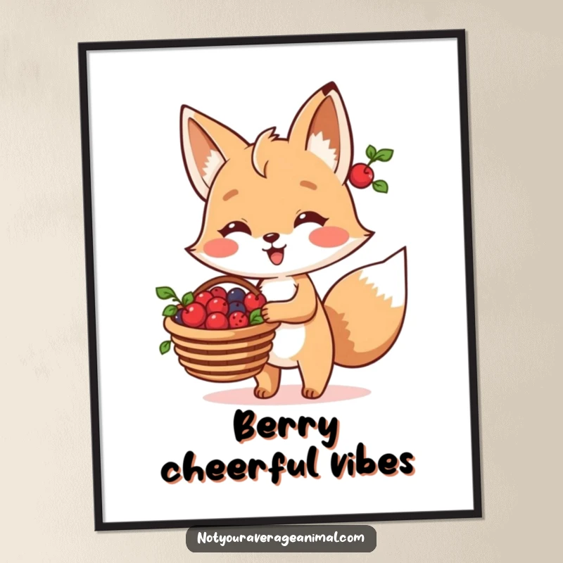 Funny Fox Digital Art Print of a cheerful fox character carrying a basket full of ripe berries, evoking joy.