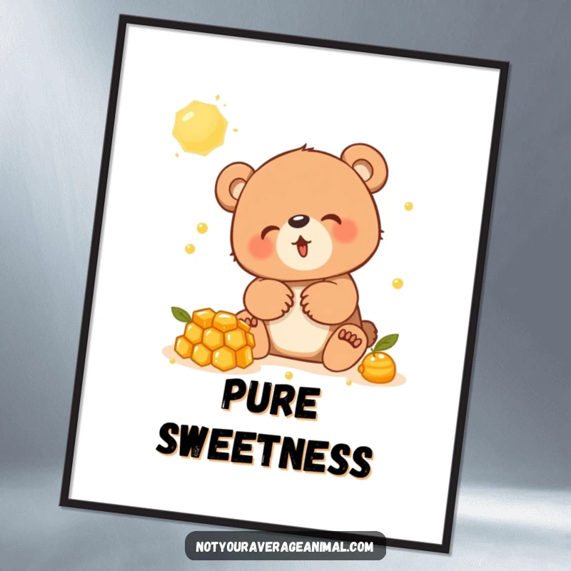Funny digital art print of a bear cub absolutely cracking up while playing with a sweet honeycomb, joyful.