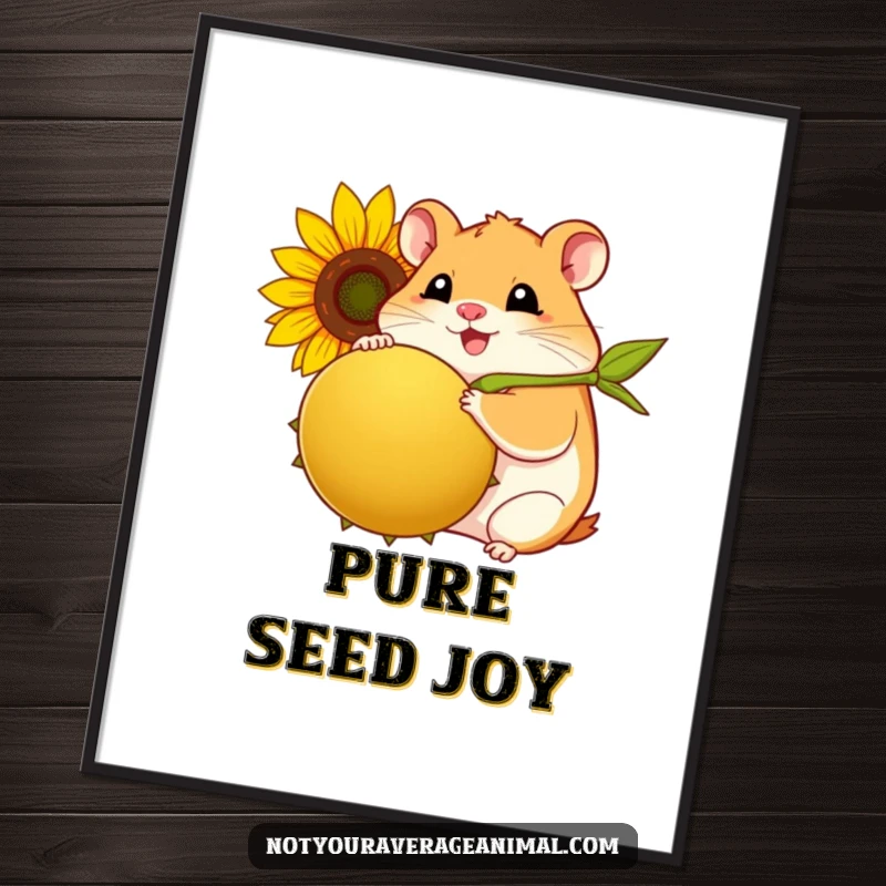 Funny hamster digital art print of a plump, smiling hamster joyfully clutching a large sunflower seed.