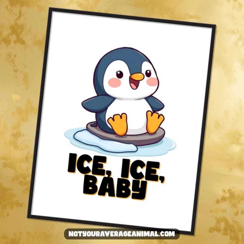 Funny happy penguin digital art print of a character joyfully sliding on ice, instant humorous decor.